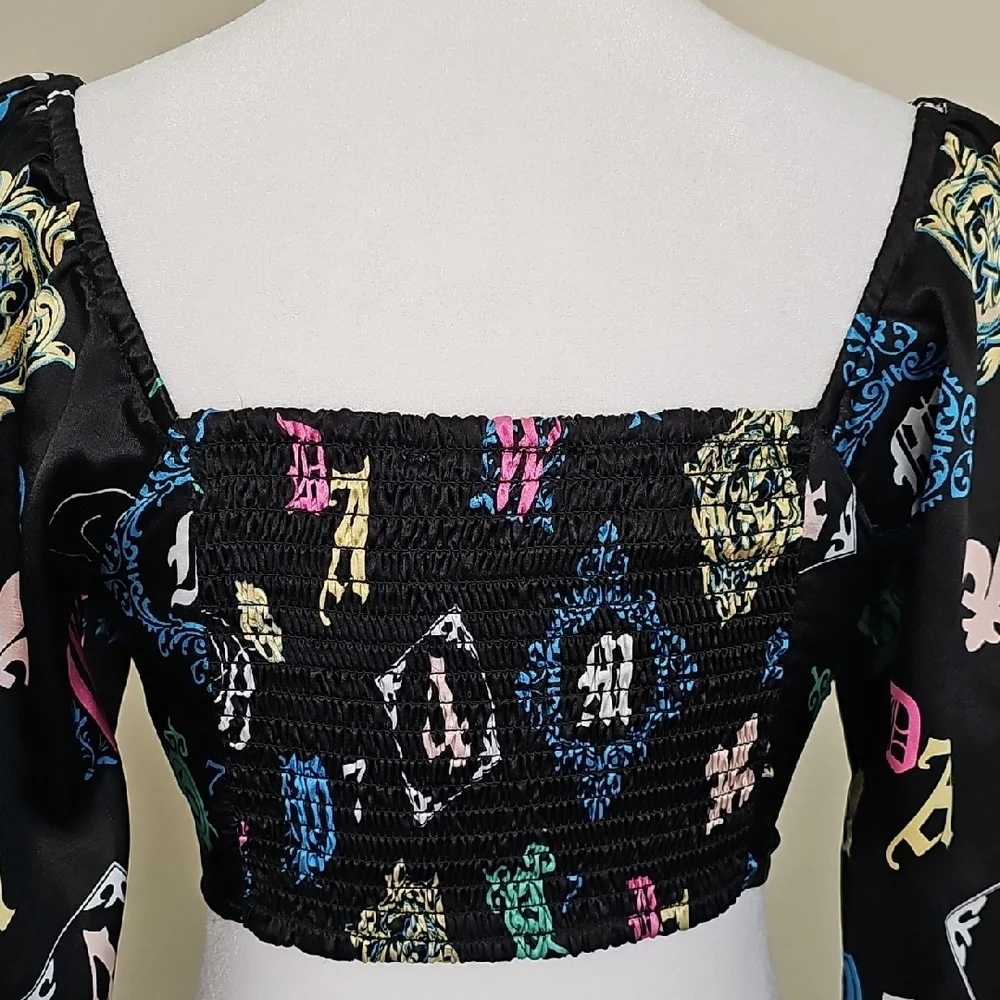 O.L.M Corset style Satin Black, Multicolor Crop Top Long Sleeve Size S - Picture 5 of 8